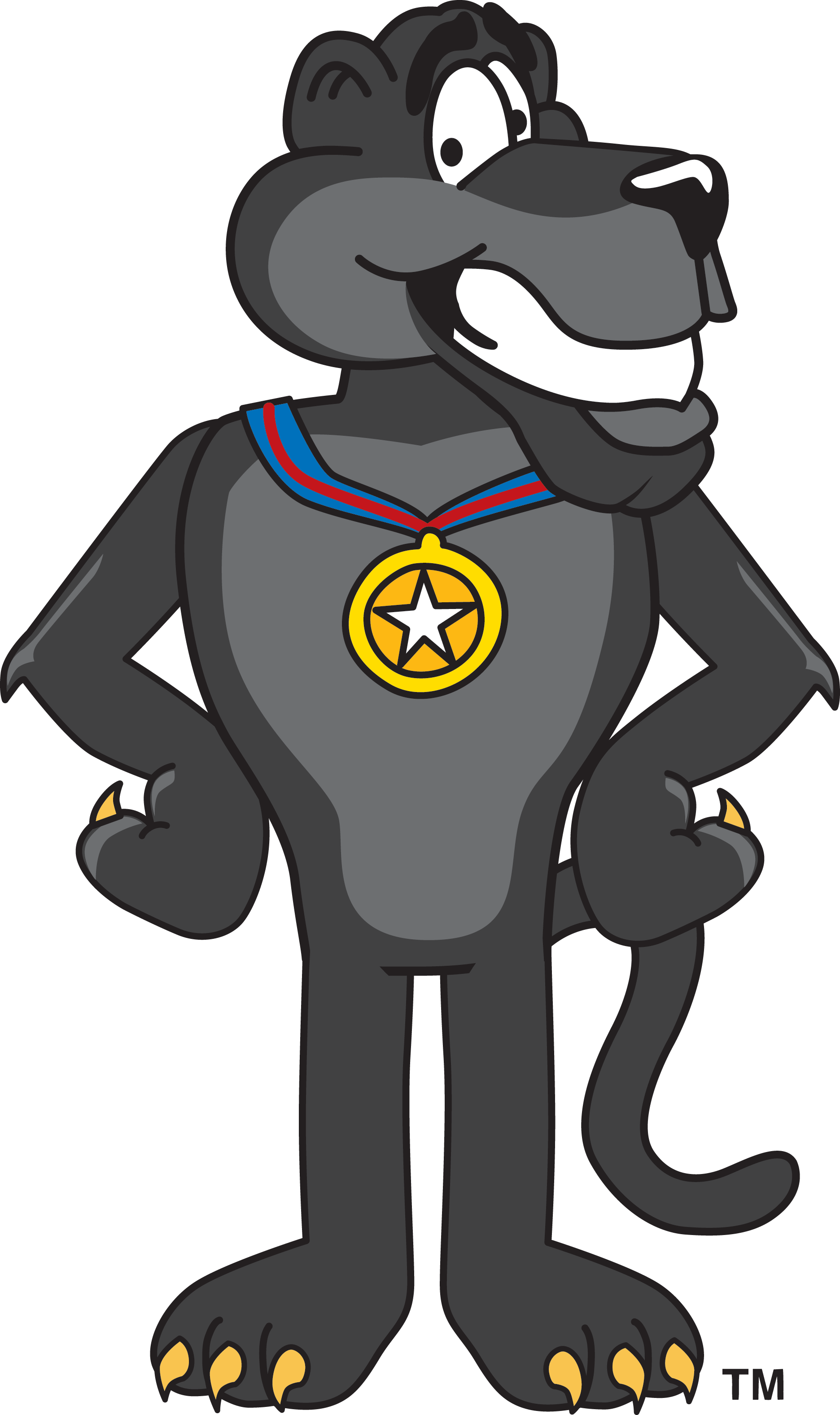 Smiling cartoon panther wearing Gold Star medal 